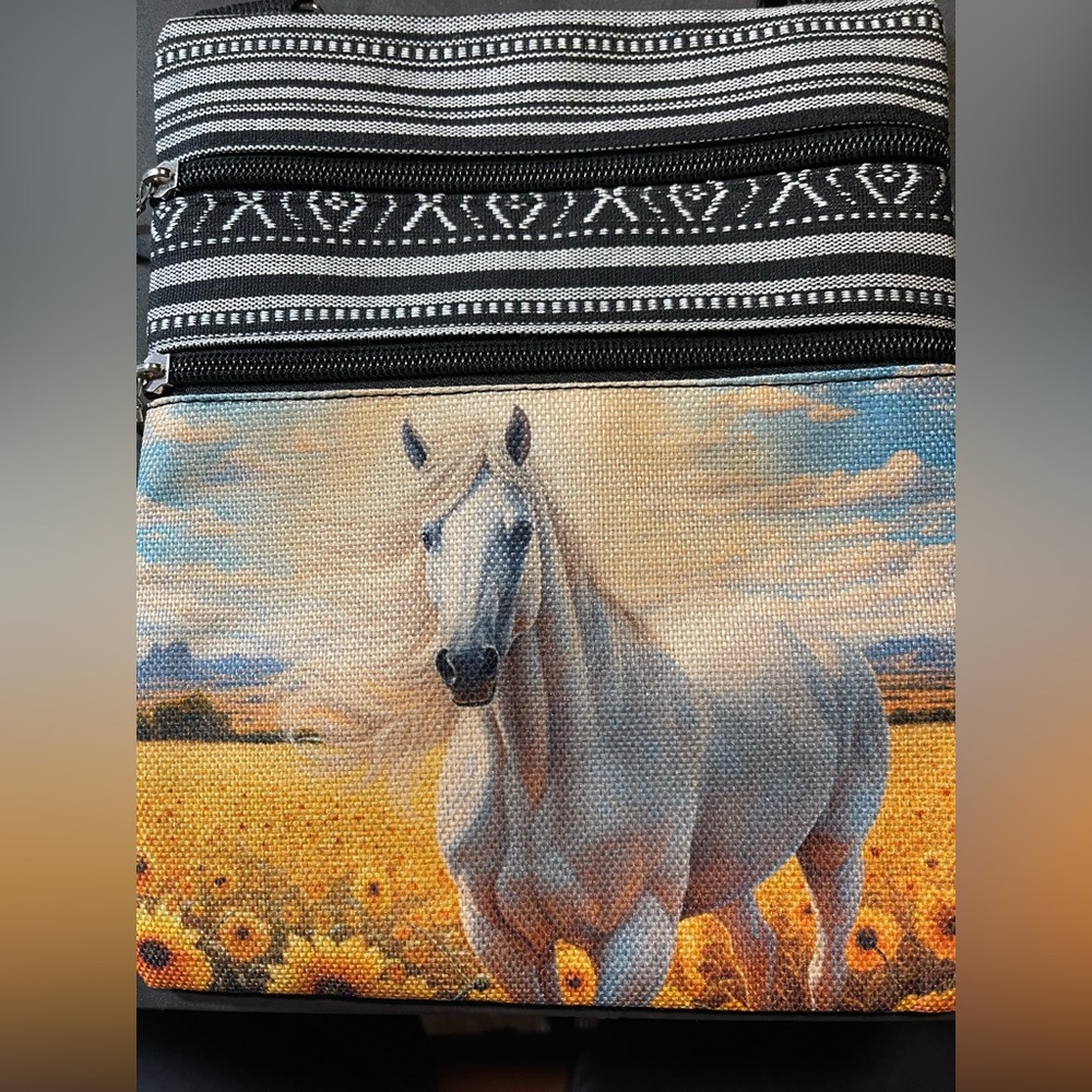 Horse Print Oil Painting Styled Crossbody Bag, 2 Side Zip Pockets 9.5x8 NEW